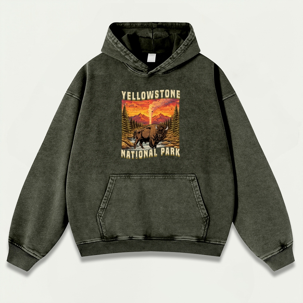 Yellowstone National Park Vintage Premium Heavyweight Buffalo Hoodie-HikeVista