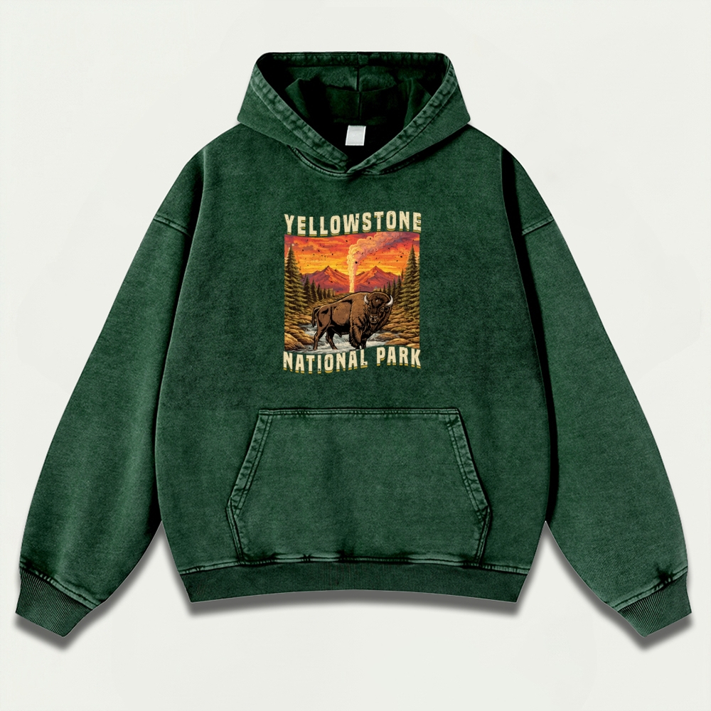 Yellowstone National Park Vintage Premium Heavyweight Buffalo Hoodie-HikeVista
