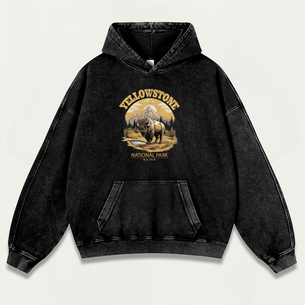 Yellowstone National Park Vintage Premium Heavyweight Buffalo Hoodie-HikeVista