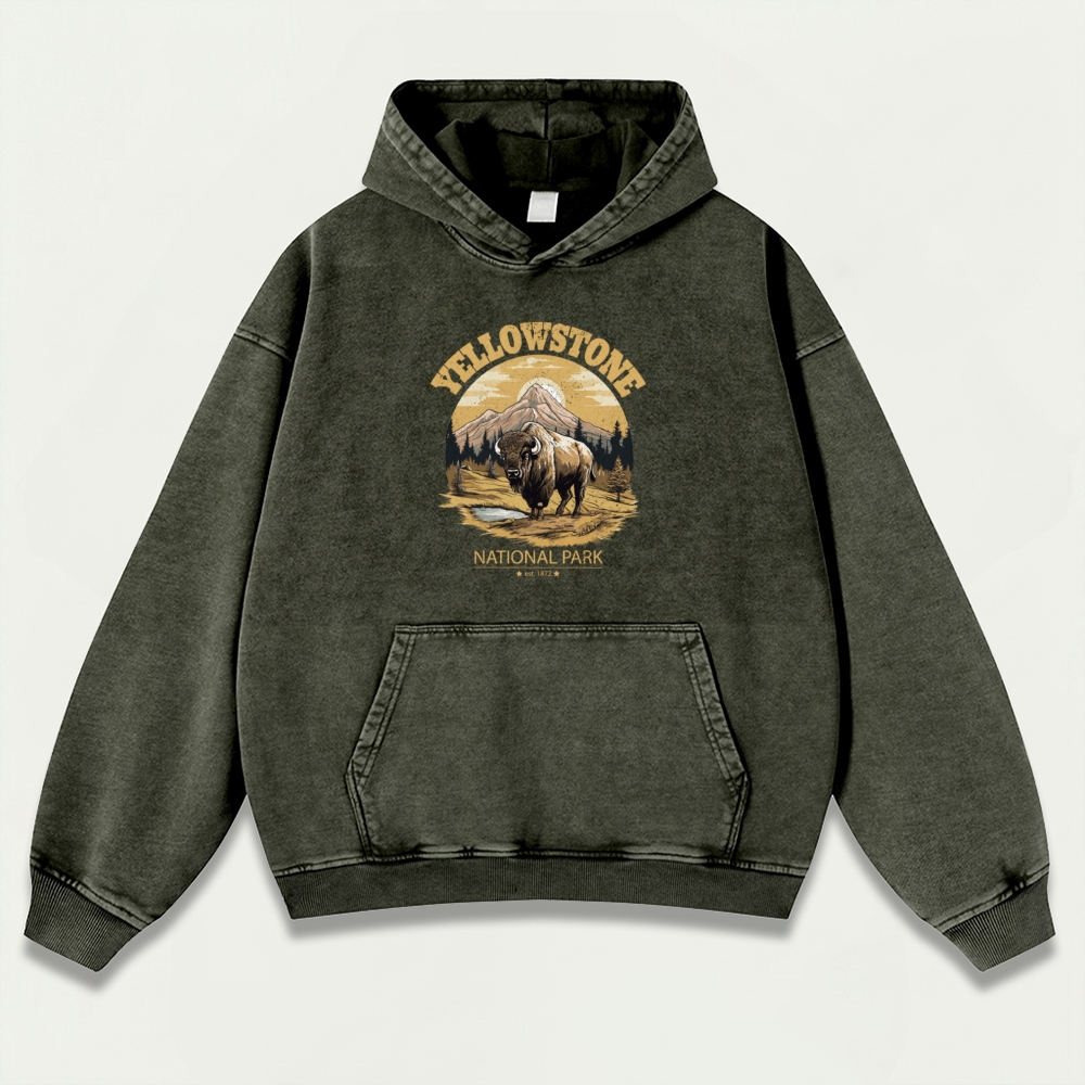 Yellowstone National Park Vintage Premium Heavyweight Buffalo Hoodie-HikeVista