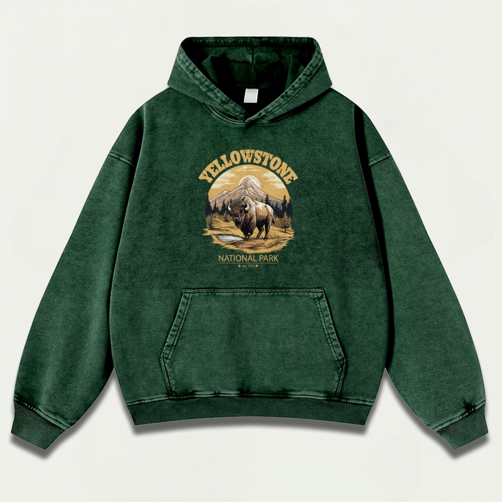 Yellowstone National Park Vintage Premium Heavyweight Buffalo Hoodie-HikeVista