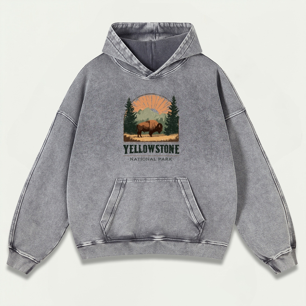 Yellowstone National Park Vintage Premium Heavyweight Bison Hoodie-HikeVista