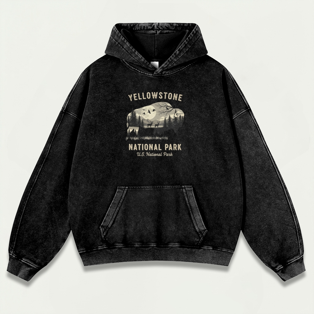 Yellowstone National Park Vintage Premium Heavyweight Bison Hoodie-HikeVista