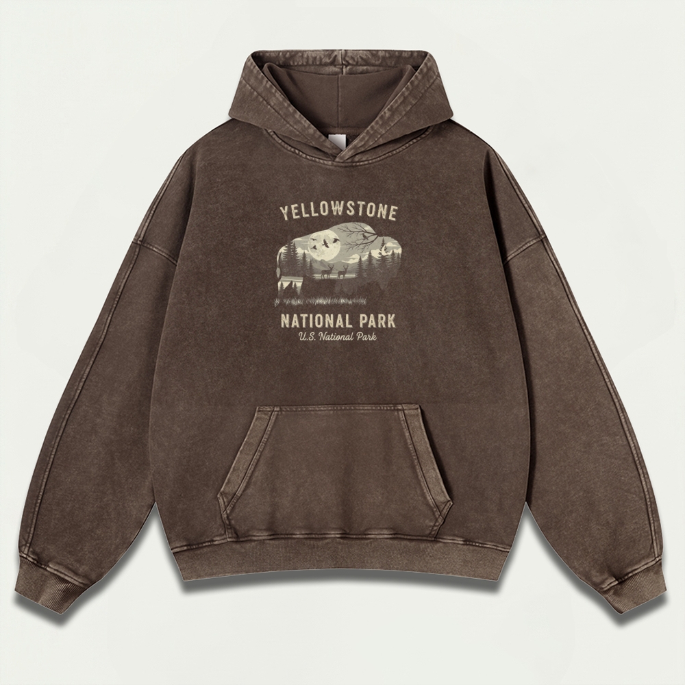 Yellowstone National Park Vintage Premium Heavyweight Bison Hoodie-HikeVista