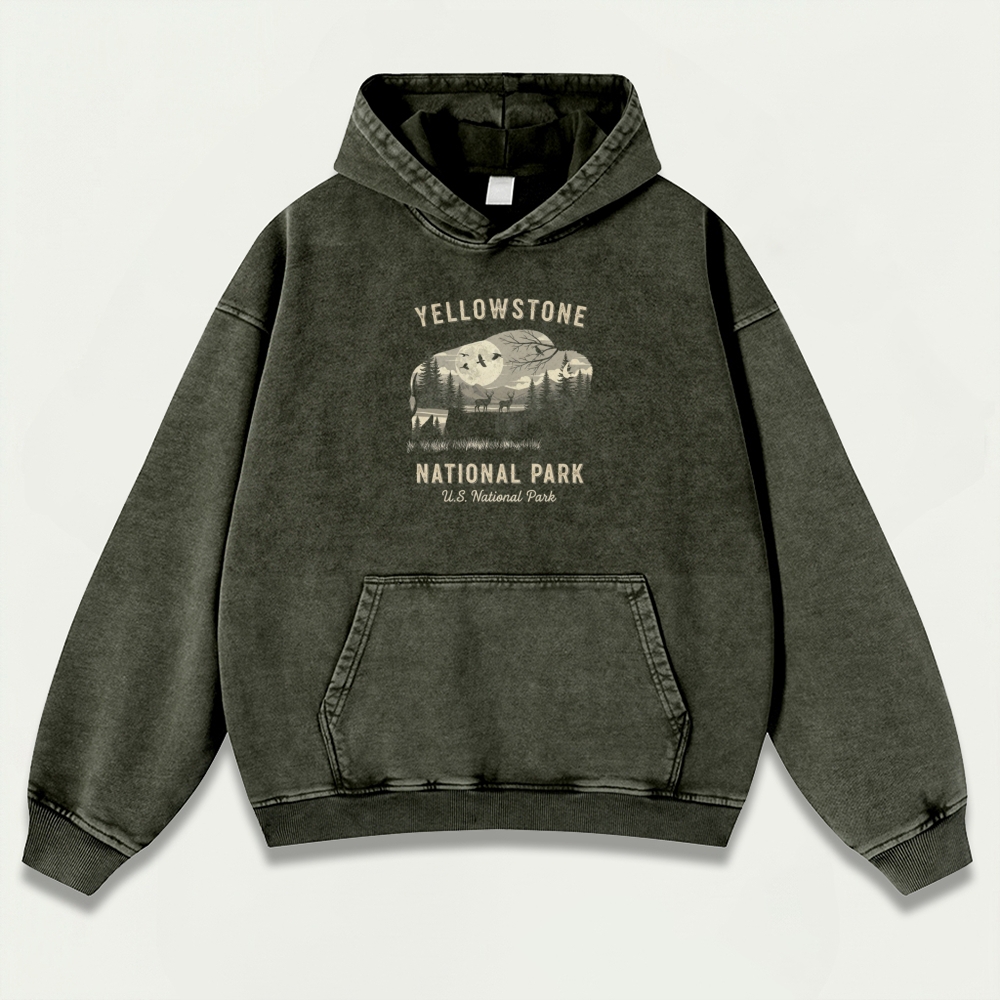 Yellowstone National Park Vintage Premium Heavyweight Bison Hoodie-HikeVista