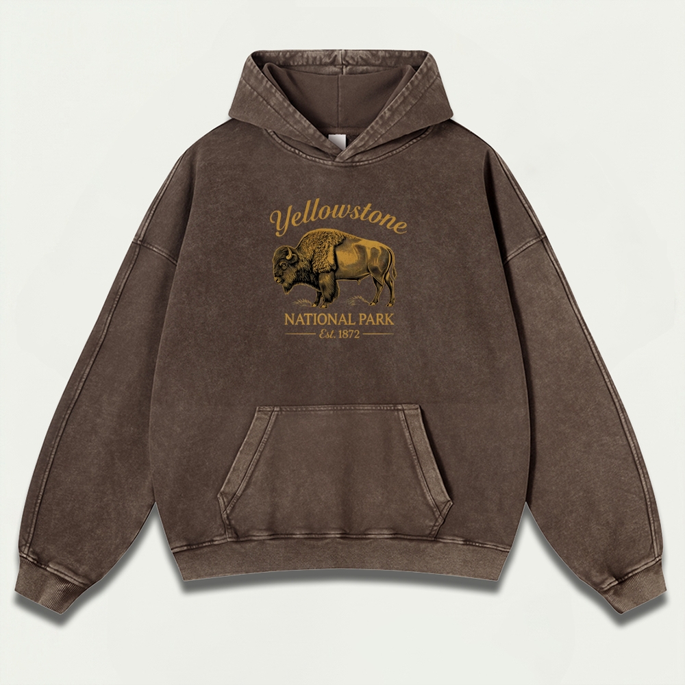 Yellowstone National Park Vintage Premium Heavyweight Bison Hoodie-HikeVista