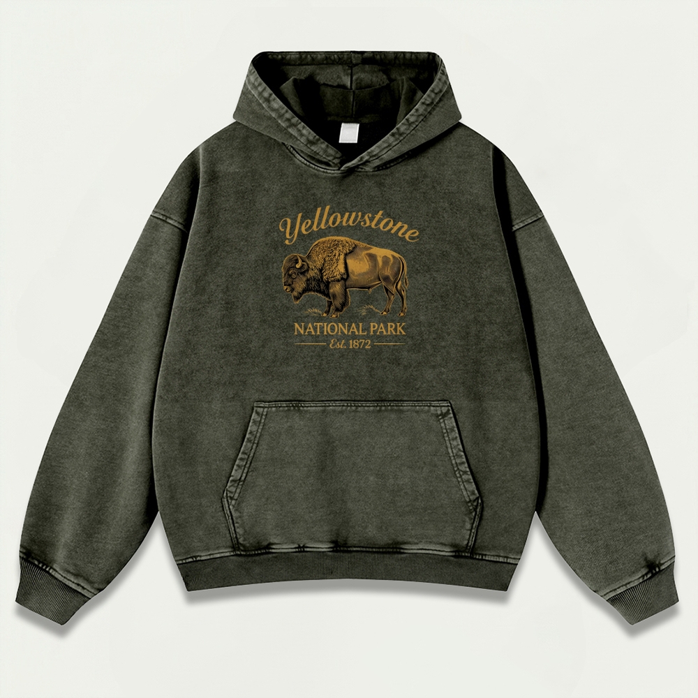 Yellowstone National Park Vintage Premium Heavyweight Bison Hoodie-HikeVista