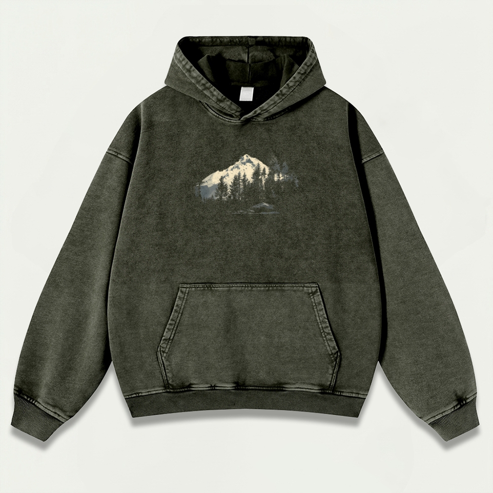 Forest Snow Mountain Vintage Premium Heavyweight Hiking Hoodie-HikeVista