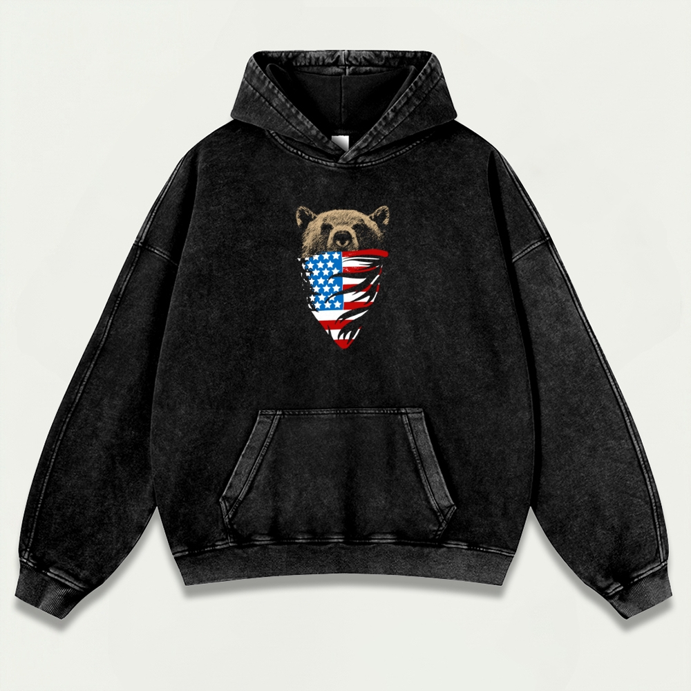 American Flag Bear Vintage Premium Heavyweight Trail Hoodie-HikeVista