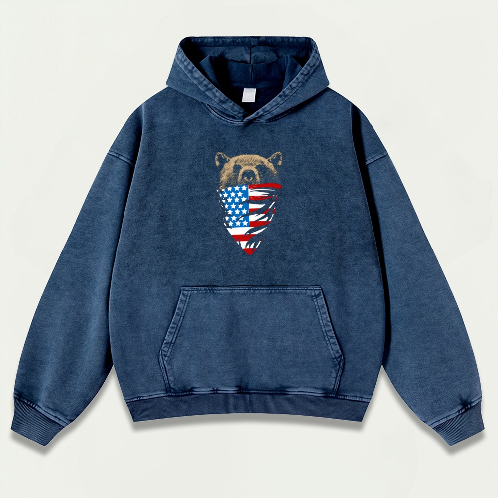American Flag Bear Vintage Premium Heavyweight Trail Hoodie-HikeVista