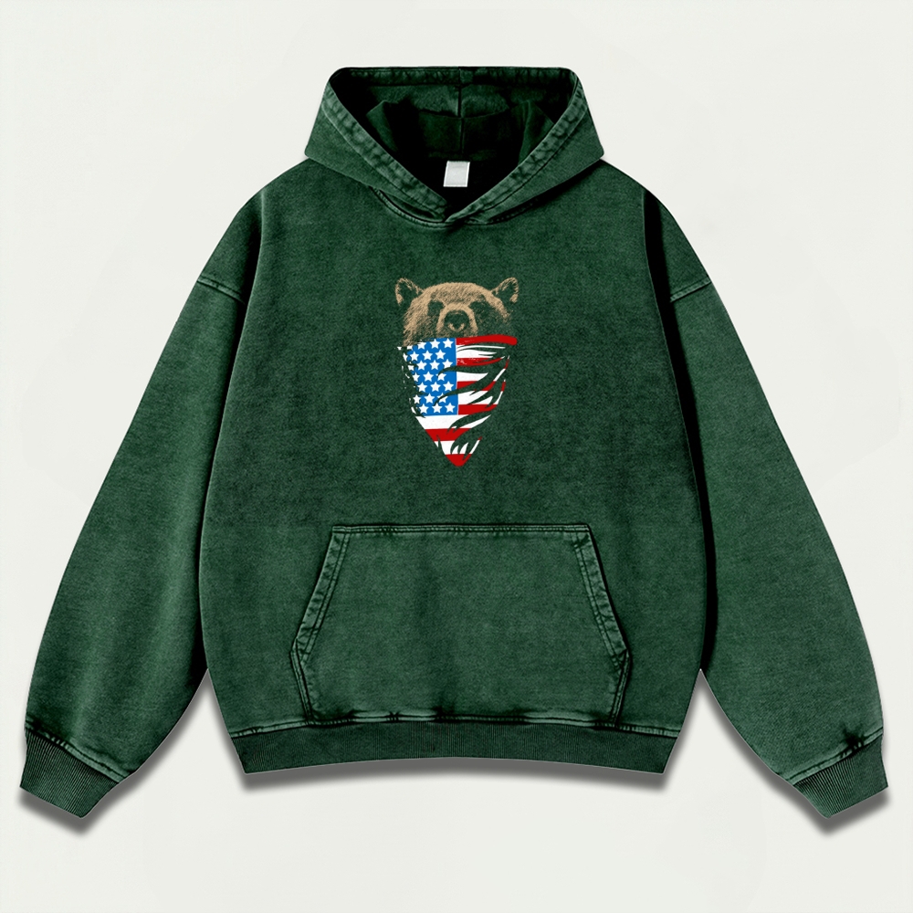 American Flag Bear Vintage Premium Heavyweight Trail Hoodie-HikeVista
