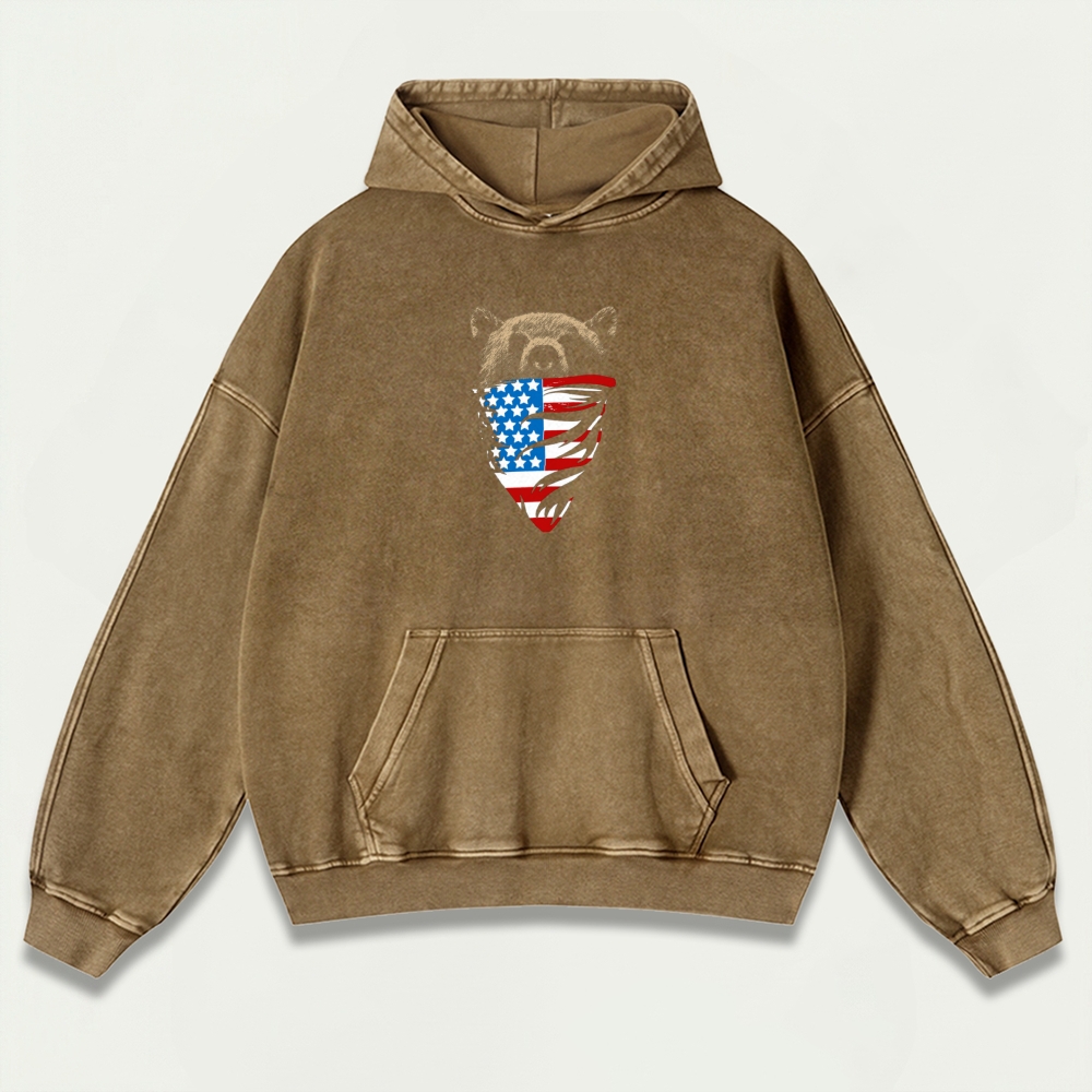 American Flag Bear Vintage Premium Heavyweight Trail Hoodie-HikeVista