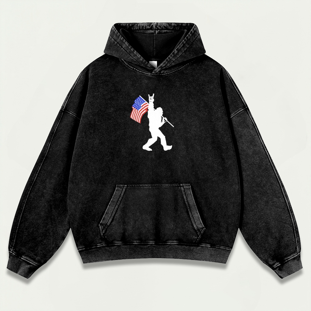 American Flag Bigfoot Vintage Premium Heavyweight Trail Hoodie-HikeVista