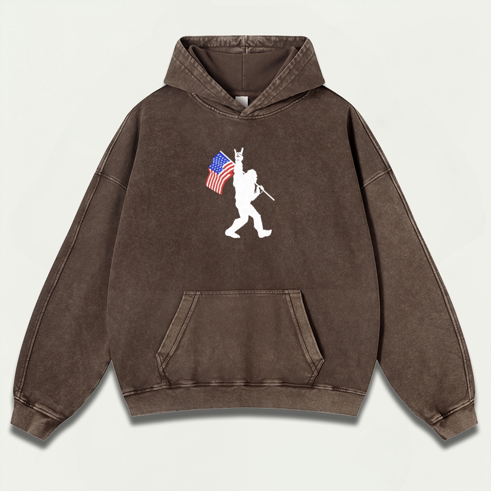 American Flag Bigfoot Vintage Premium Heavyweight Trail Hoodie-HikeVista