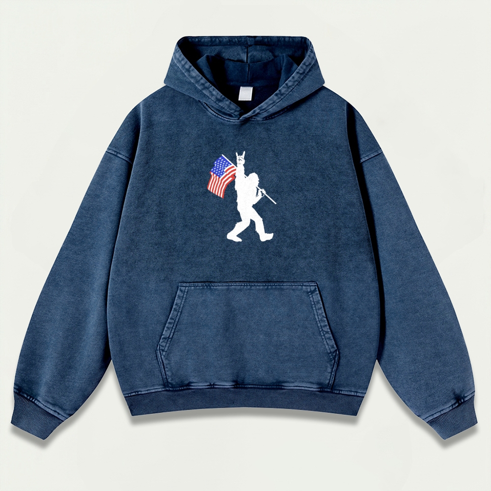American Flag Bigfoot Vintage Premium Heavyweight Trail Hoodie-HikeVista