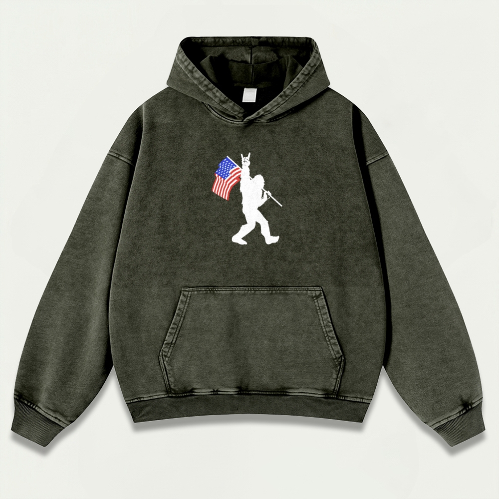 American Flag Bigfoot Vintage Premium Heavyweight Trail Hoodie-HikeVista