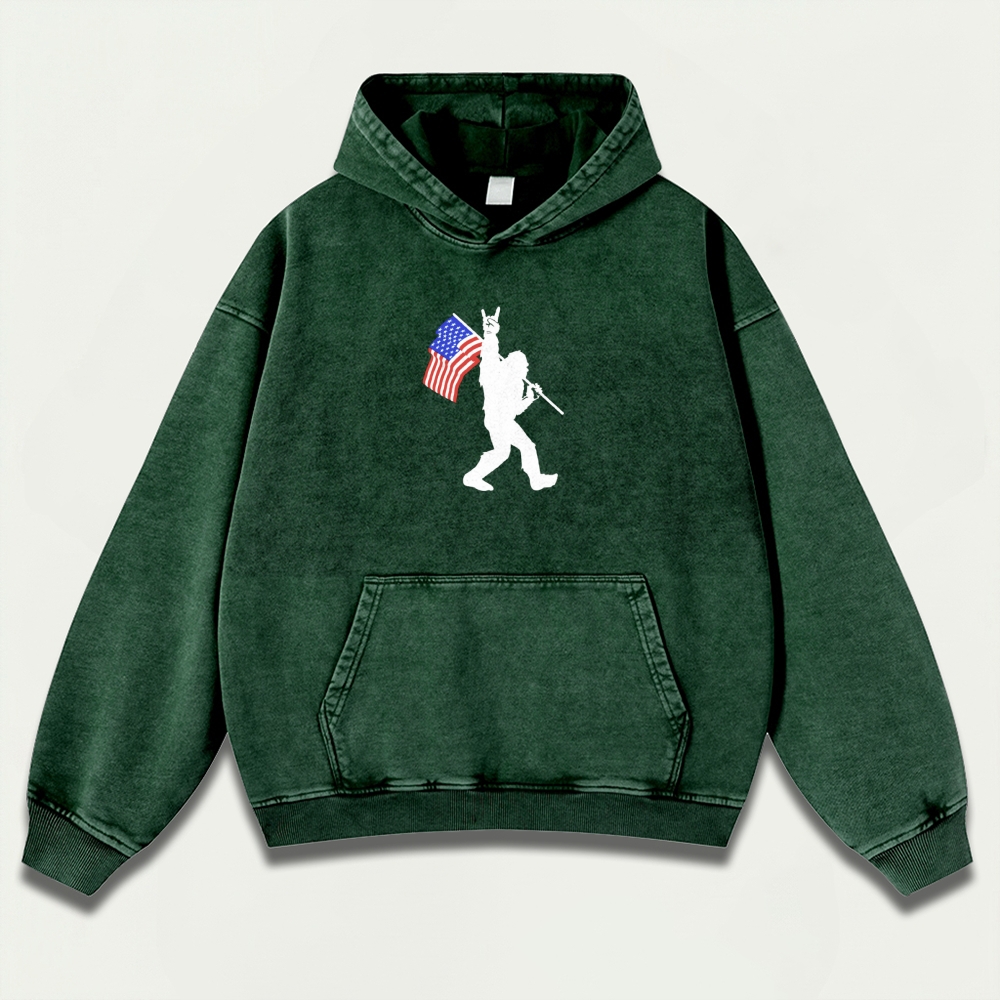 American Flag Bigfoot Vintage Premium Heavyweight Trail Hoodie-HikeVista