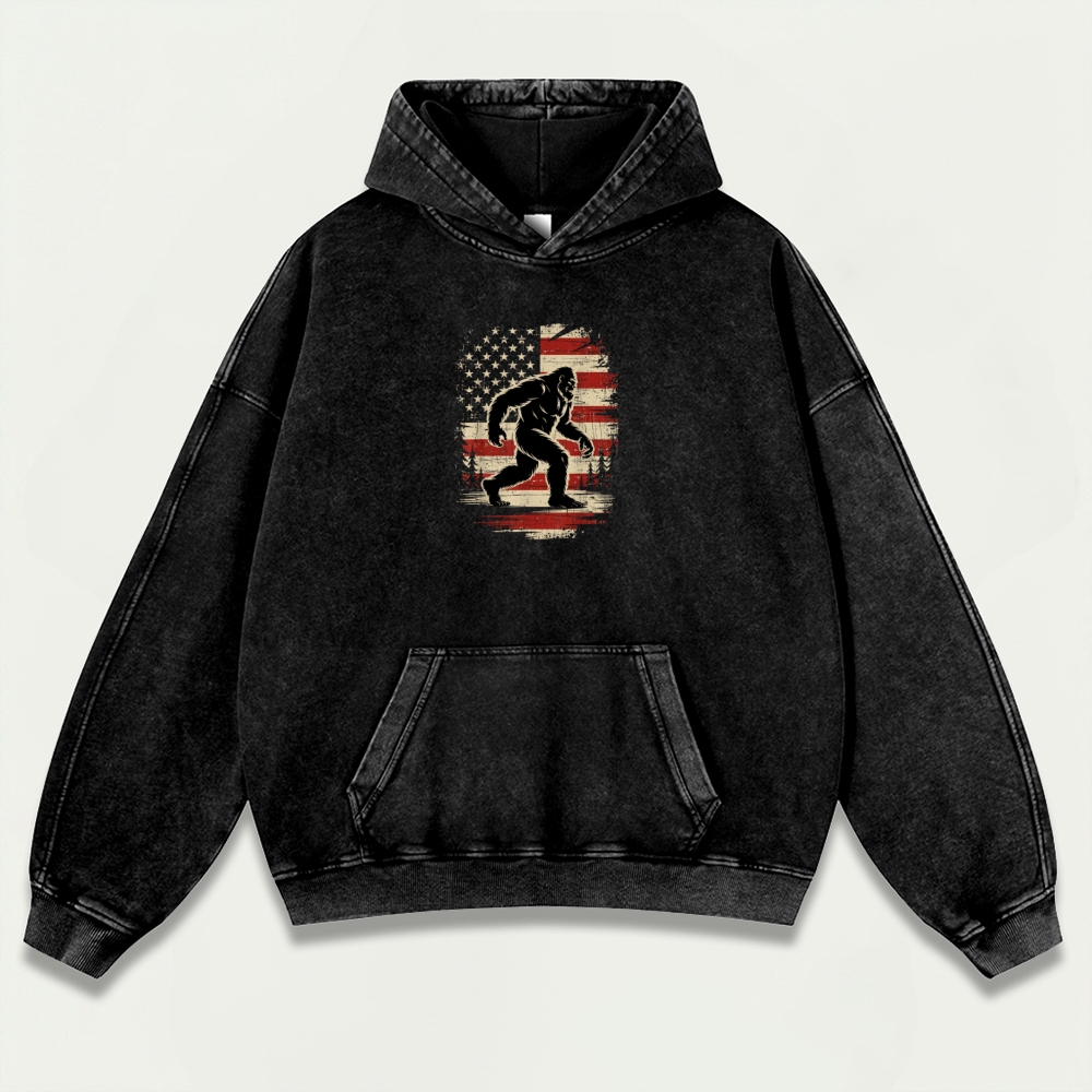 American Flag Bigfoot Vintage Premium Heavyweight Trail Hoodie-HikeVista