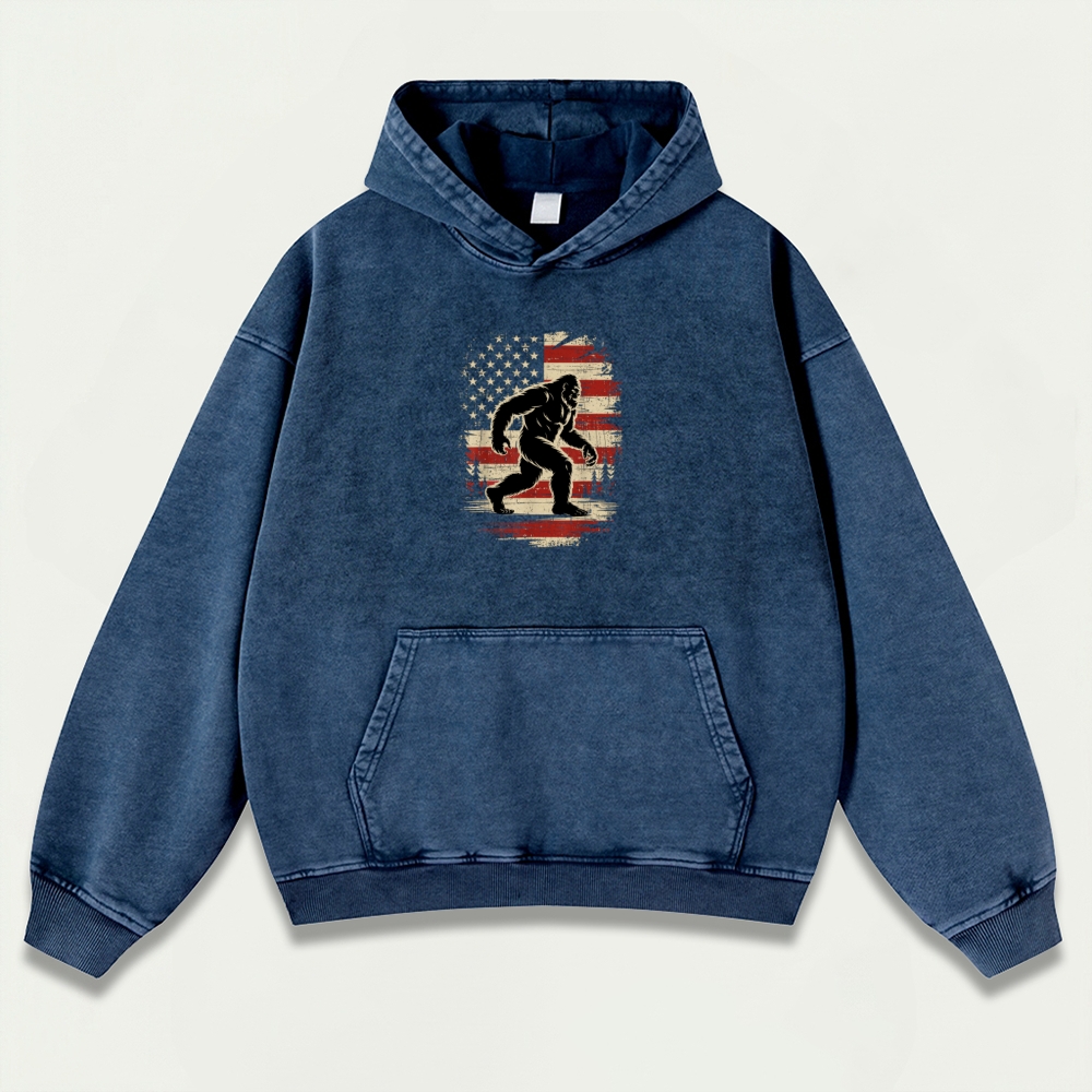 American Flag Bigfoot Vintage Premium Heavyweight Trail Hoodie-HikeVista