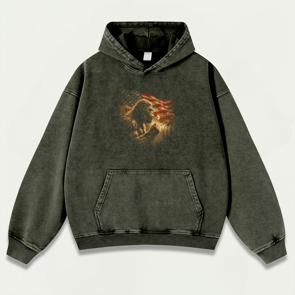 American Flag Bigfoot Vintage Premium Heavyweight Trail Hoodie-HikeVista