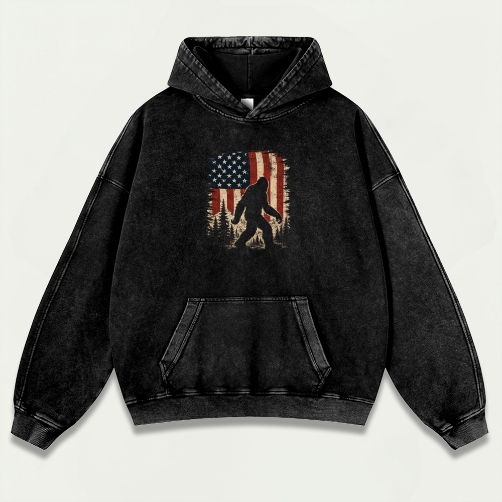 American Flag Bigfoot Vintage Premium Heavyweight Trail Hoodie-HikeVista