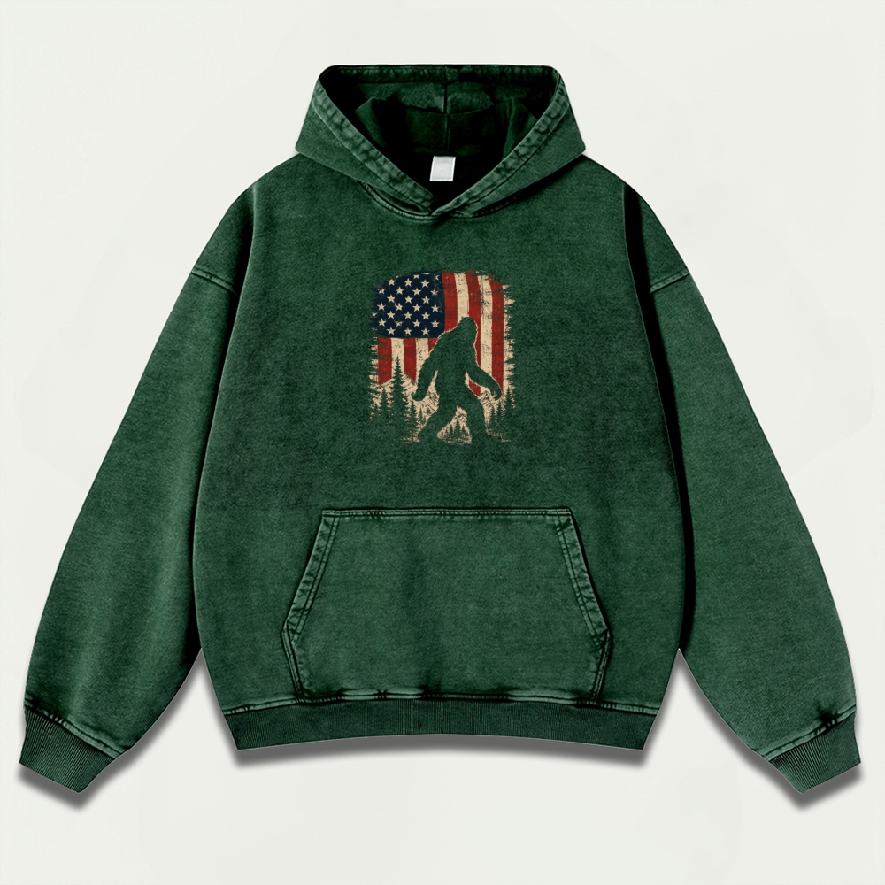 American Flag Bigfoot Vintage Premium Heavyweight Trail Hoodie-HikeVista
