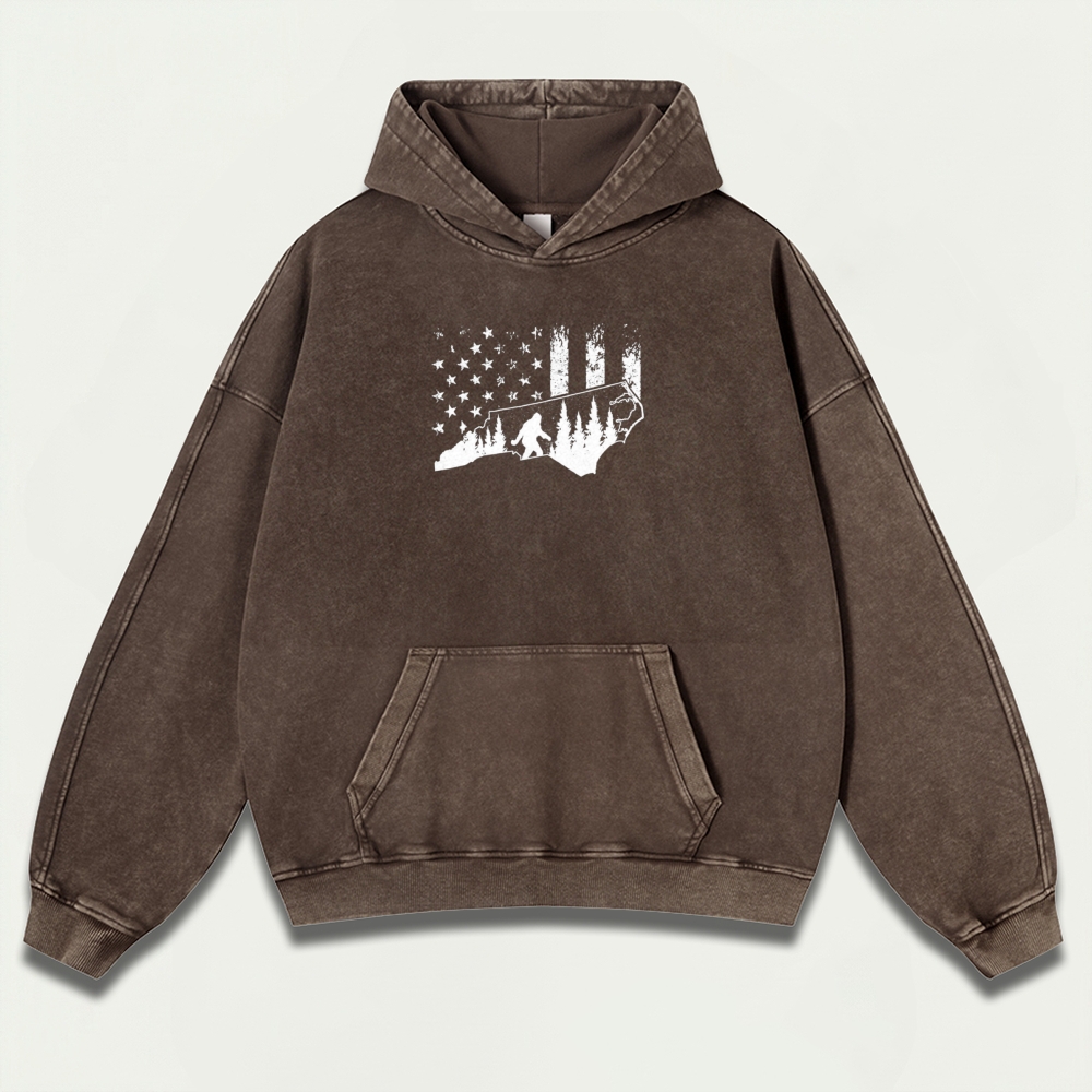 American Flag Bigfoot Vintage Premium Heavyweight Trail Hoodie-HikeVista