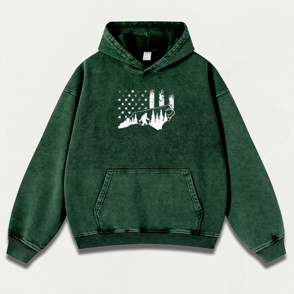 American Flag Bigfoot Vintage Premium Heavyweight Trail Hoodie-HikeVista