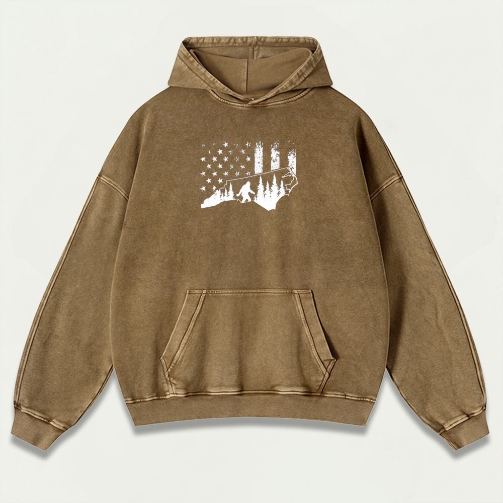 American Flag Bigfoot Vintage Premium Heavyweight Trail Hoodie-HikeVista