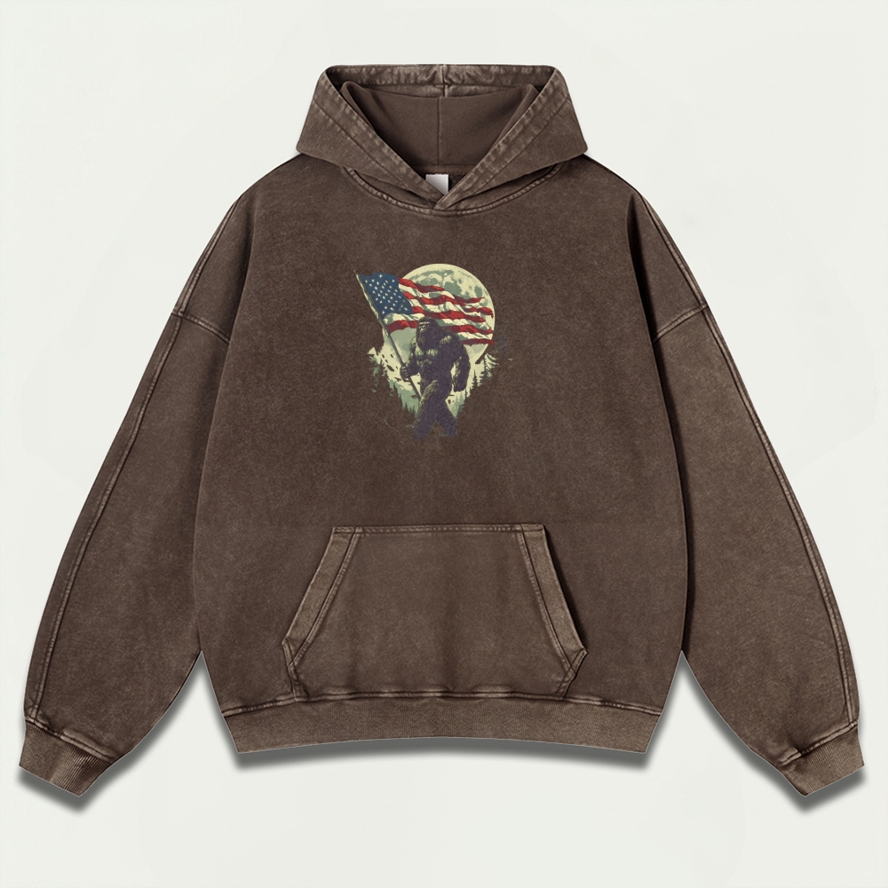 American Flag Bigfoot Vintage Premium Heavyweight Trail Hoodie-HikeVista