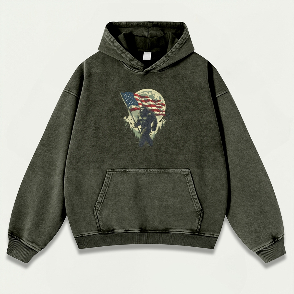 American Flag Bigfoot Vintage Premium Heavyweight Trail Hoodie-HikeVista