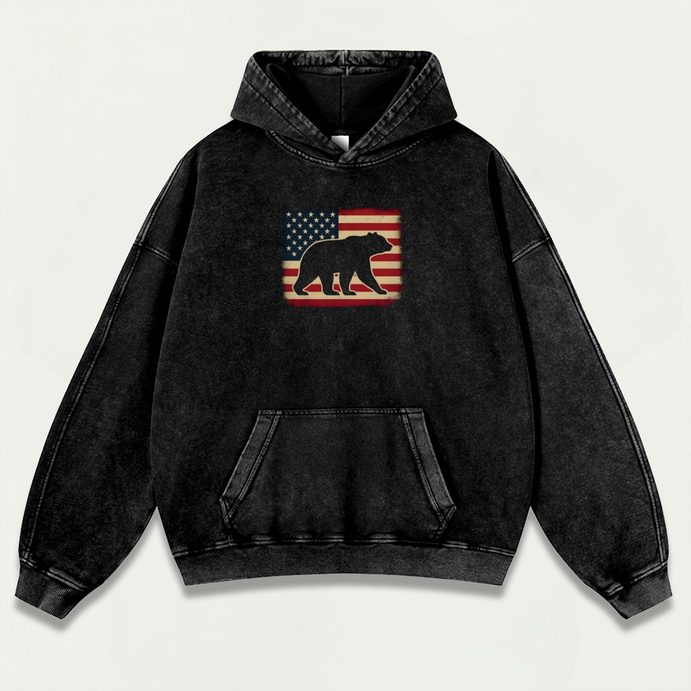 American Flag Bear Vintage Premium Heavyweight Trail Hoodie-HikeVista