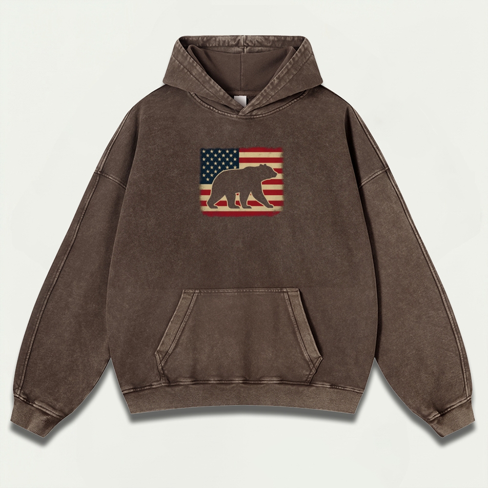 American Flag Bear Vintage Premium Heavyweight Trail Hoodie-HikeVista