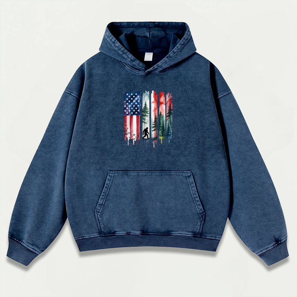 American Flag Bigfoot Vintage Premium Heavyweight Trail Hoodie-HikeVista