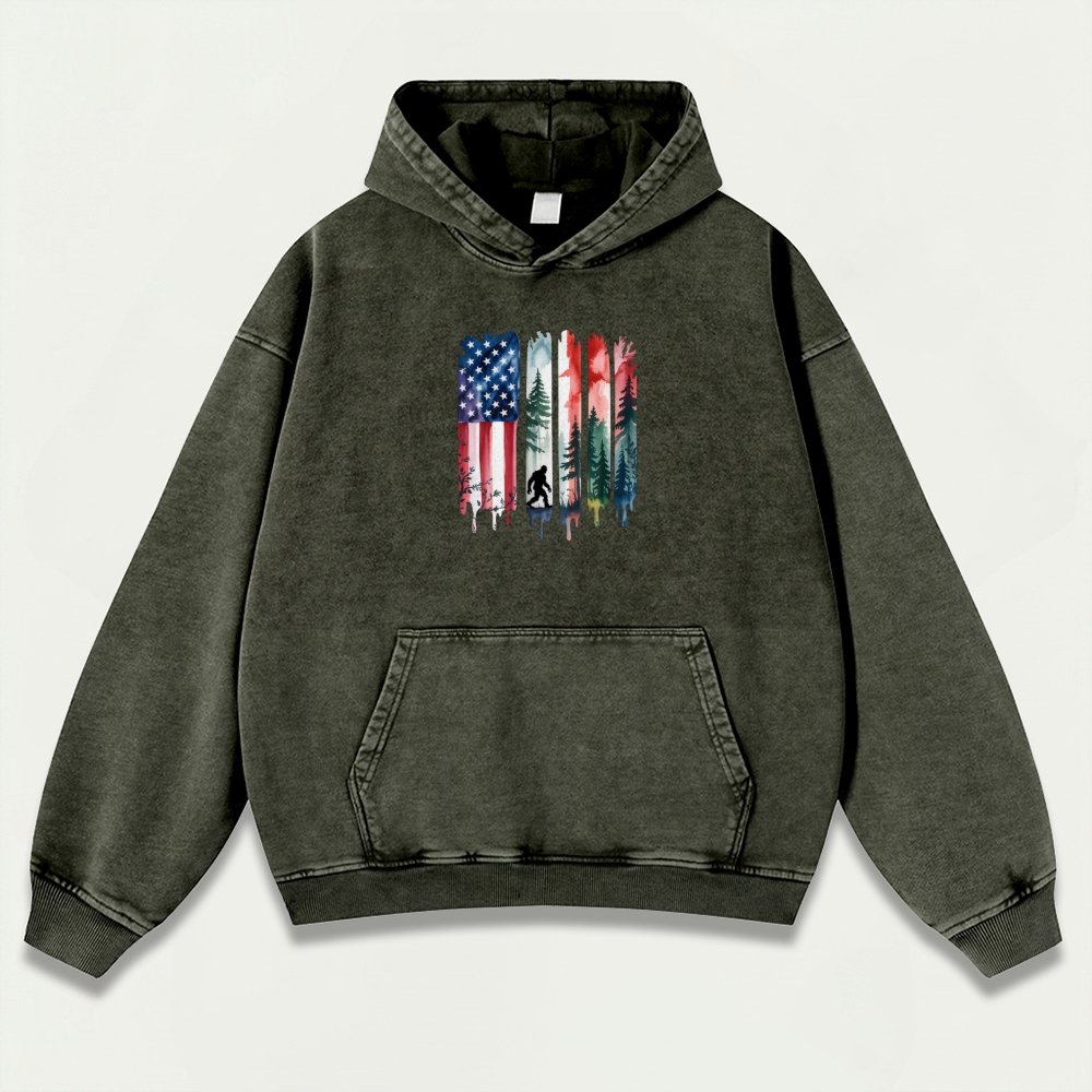 American Flag Bigfoot Vintage Premium Heavyweight Trail Hoodie-HikeVista