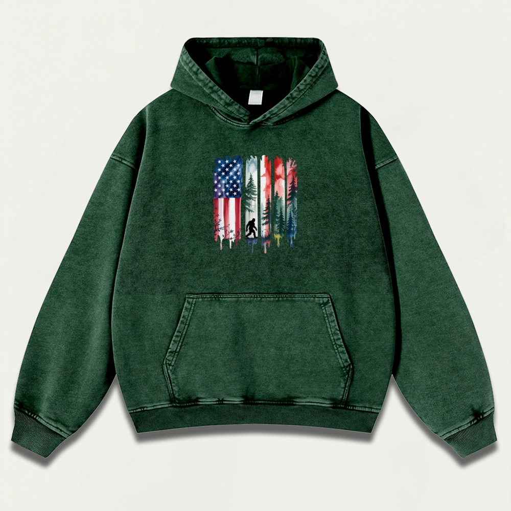 American Flag Bigfoot Vintage Premium Heavyweight Trail Hoodie-HikeVista