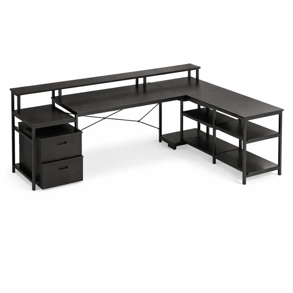 Bureau d'Angle en L avec Rangement et Prises USB intégrées