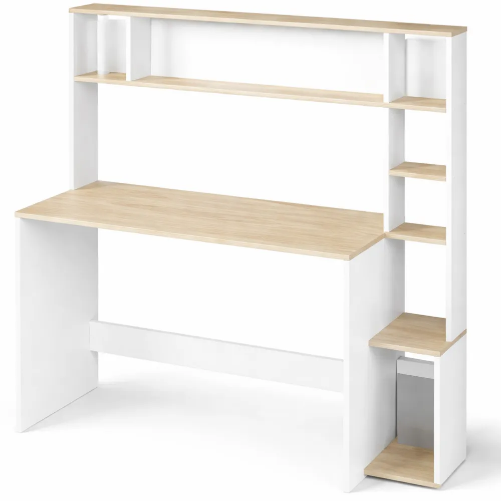 Table de Travail Multifonction avec Casiers Ouverts, Bois Blanc et Chêne