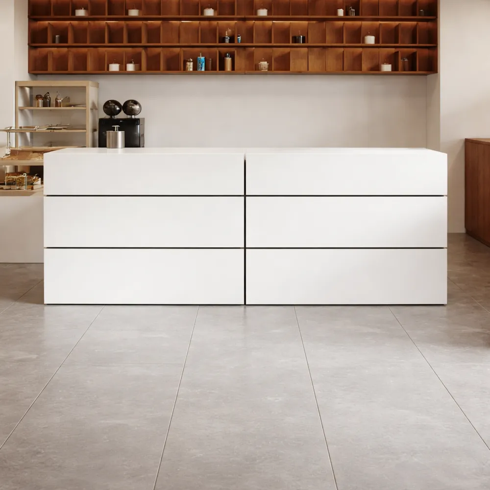 Réception de bureau avec rangements intégrés, dimensions 220 x 60 x 100 cm