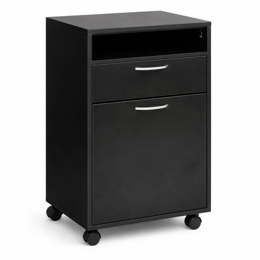 Caisson de bureau à roulettes avec tiroir et étagère en noir