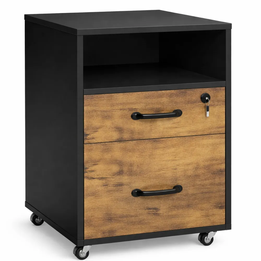 Caisson de bureau mobile avec rangement et compartiment ouvert, finition brun rustique et noir