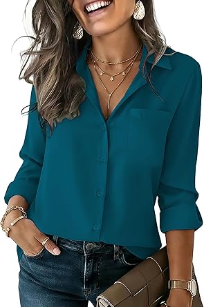 Womens Button Down Shirt Long Sleeve Blouse Business Work Tops Dressy Casual Floral Printed Outfits with Pocket