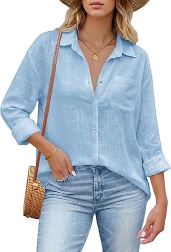 Womens Button Down Shirt Long Sleeve Blouse Business Work Tops Dressy Casual Floral Printed Outfits with Pocket