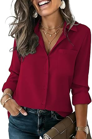 Womens Button Down Shirt Long Sleeve Blouse Business Work Tops Dressy Casual Floral Printed Outfits with Pocket
