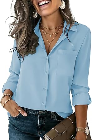Womens Button Down Shirt Long Sleeve Blouse Business Work Tops Dressy Casual Floral Printed Outfits with Pocket