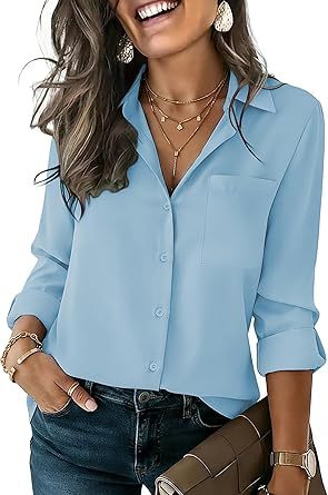 Womens Button Down Shirt Long Sleeve Blouse Business Work Tops Dressy Casual Floral Printed Outfits with Pocket