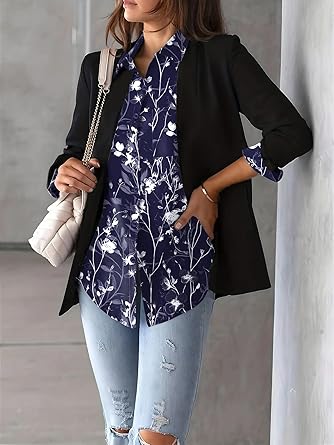 Womens Button Down Shirt Long Sleeve Blouse Business Work Tops Dressy Casual Floral Printed Outfits with Pocket