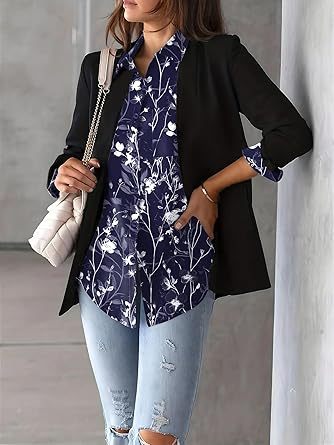 Womens Button Down Shirt Long Sleeve Blouse Business Work Tops Dressy Casual Floral Printed Outfits with Pocket