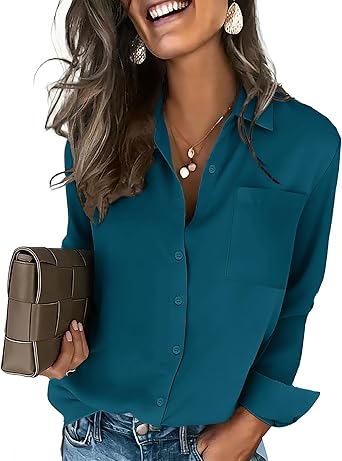Womens Button Down Shirt Long Sleeve Blouse Business Work Tops Dressy Casual Floral Printed Outfits with Pocket