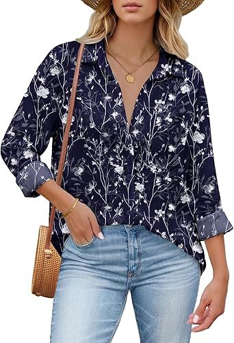 Womens Button Down Shirt Long Sleeve Blouse Business Work Tops Dressy Casual Floral Printed Outfits with Pocket